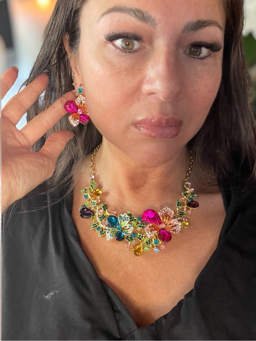 Floral Crystal Statement Necklace Earrings Set Gold Tone Multicolor Hibiscus